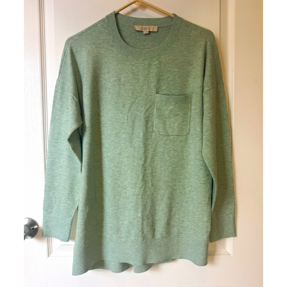 LOFT Women’s Green Knit Crewneck Pullover Sweater Chest Pocket Size Medium